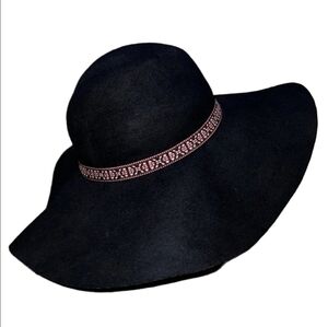 AMERICAN EAGLE Black 100% Wool Felt Wide Brim Floppy Hat with Band Classic EUC